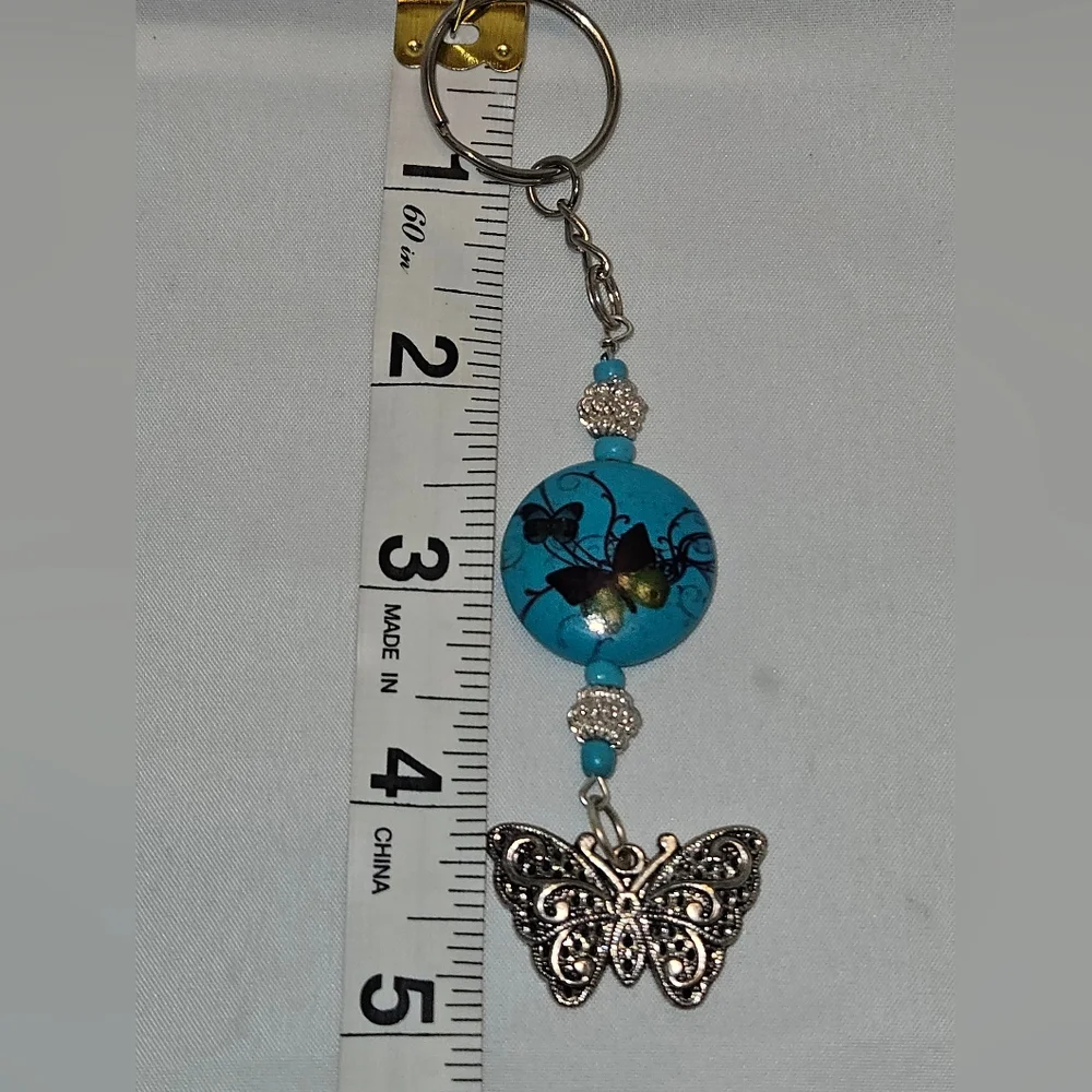 Handmade Turquoise Butterfly Silver Beaded Butterfly Charm, Keyring, Purse Charm